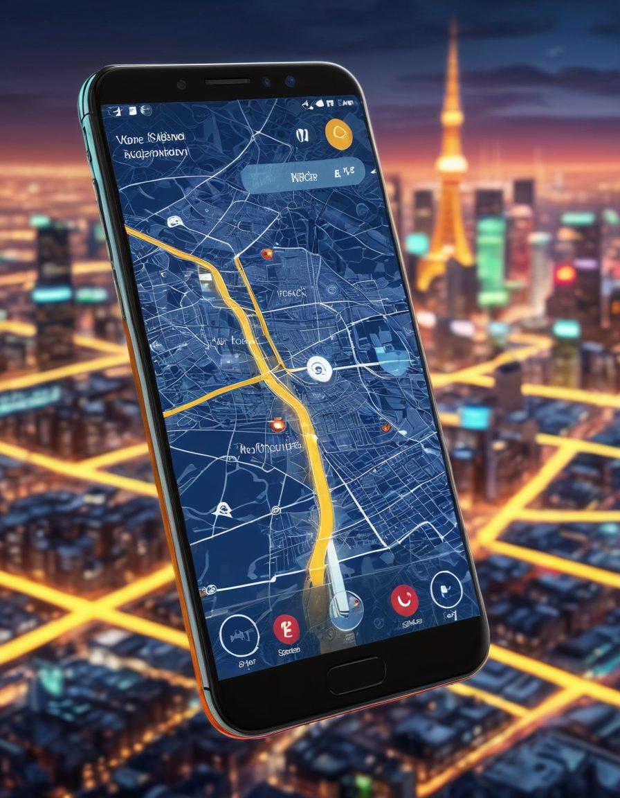 A high-tech smartphone with an animated map on the screen, showcasing seamless mobile tracking in real-time, with towers emitting signals in the background for ultimate connectivity. The scene includes vibrant location markers and sleek icons representing security and speed. Super-realistic. vibrant colors. modern design.
